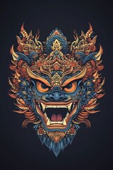 Obraz premium Detailed Full-Color Illustration of Balinese Demon Mask for T-Shirt Print, No Background, Vibrant Colors