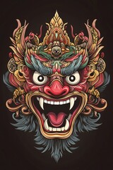 Detailed Full-Color Illustration of Balinese Demon Mask for T-Shirt Print, No Background, Vibrant Colors