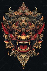Detailed Full-Color Illustration of Balinese Demon Mask for T-Shirt Print, No Background, Vibrant Colors