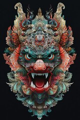 Detailed Full-Color Illustration of Balinese Demon Mask for T-Shirt Print, No Background, Vibrant Colors