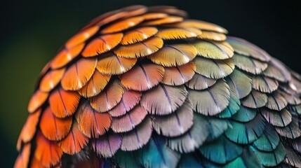 Obraz premium Vibrant colorful bird feathers displayed in close-up against a dark background, highlighting the intricate details and textures of the colorful bird feathers with ample copy space.