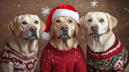 Three Labrador Retrievers wearing festive sweaters, one with a Santa hat, posing together against a snowy Christmas backdrop.