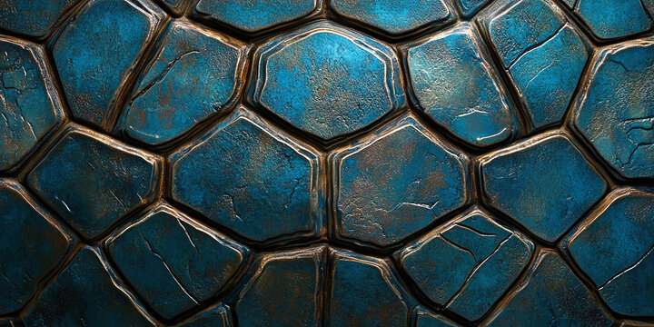 Close-up texture of a turtle shell with blue and earthy tones, showcasing natural patterns and intricate details.