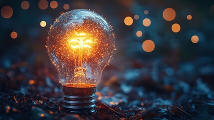 Close-up of a glowing light bulb with sparkling particles inside