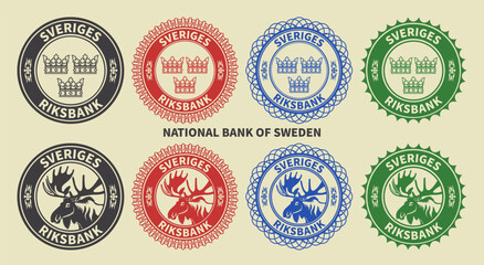 Vector graphic set of financial fictional color seals. Round icons with moose and royal crown. The inscription in Swedish means National Bank of Sweden.