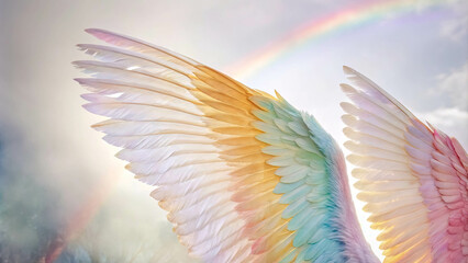 Obraz premium A Pair of Feathered Wings with Pastel Hues Spread Against a Softly Illuminated Sky with a Rainbow Arc in the Distance