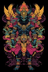 Obraz premium Detailed Full-Color Illustration of Balinese Demon Mask for T-Shirt Print, No Background, Vibrant Colors