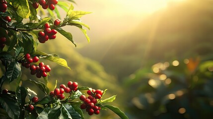 Coffee beans alongside a coffee tree branch adorned with red berries against a lush plantation backdrop. Ideal for designs celebrating the coffee theme with plenty of copy space.