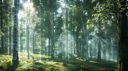 Obraz premium Surreal photography of a forest landscape where towering, translucent AI holograms of trees and wildlife blend seamlessly with real nature