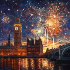 Fototapeta premium New Year Eve fireworks over famous landmarks