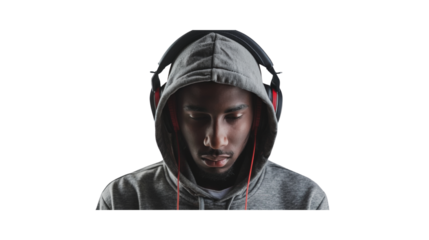 Man in a hoodie with headphones, Transparent background, PNG