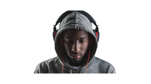 Man in a hoodie with headphones, Transparent background, PNG