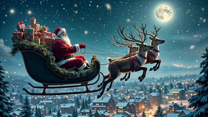 Santa Claus in his sleigh soaring over a snowy village, surrounded by twinkling lights and festive decorations.