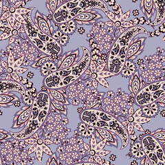 Paisley vector seamless pattern. Fantastic flower, leaves. Batik style painting. Vintage background