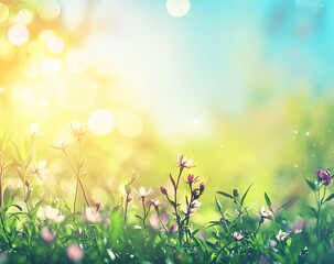 Obraz premium Beautiful spring background with blurred sun rays and on the green meadow, blue sky with clouds. 