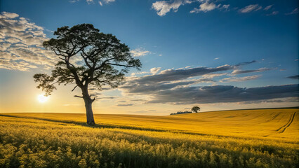 Obraz premium Silhouetted tree standing tall against a vibrant golden sunset sky over a rolling field of bright yellow wildflowers