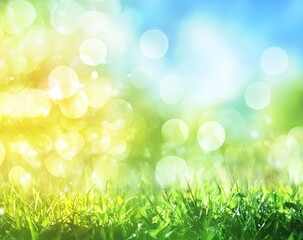 Obraz premium Beautiful spring background with blurred sun rays and on the green meadow, blue sky with clouds. 