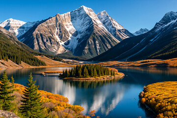 Naklejka premium A night time photo of a lake with rocks and a mountain in the background