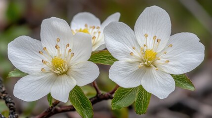 Obraz premium Two white flowers with yellow centers and green leaves.