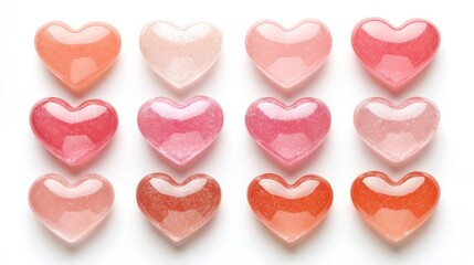 Obraz premium Pink and coral hearts arranged on a white background create a visually pleasing display, perfect for conveying love and affection with ample photo style copy space.