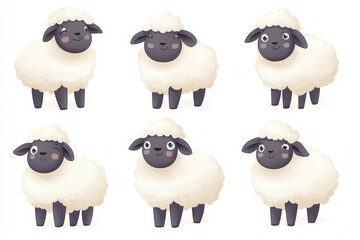 Whimsical Cartoon Sheep: A Delightful Collection of Charming Black-Faced Sheep with Playful Expressions and Fluffy White Wool for Joy.