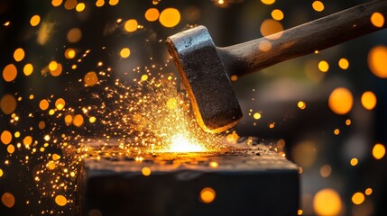 Blacksmith forging metal with a hammer creating sparks in a workshop at twilight near the glow of the forge.