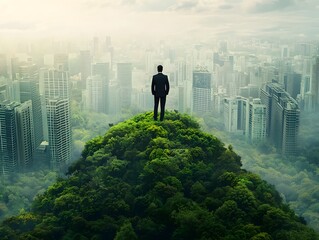 Fototapeta premium Businessman Overlooking Green Urban Landscape Visualizing Sustainable Future