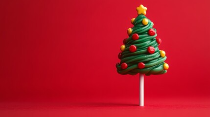 A colorful lollipop shaped like a Christmas tree with bright decorations set against a vibrant red background during the festive season