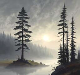 Illustration of lonely tree with mist landscape.