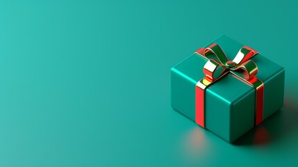 3D Festive Green Gift Box with Red Ribbon on a Solid Background