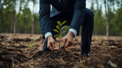 Businessman Planting Tree in Cleared Forest Showcasing Corporate Environmental Responsibility