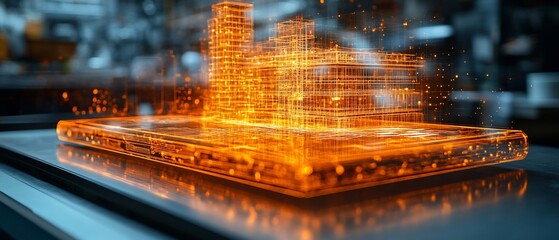 A futuristic holographic representation of a cityscape above a sleek device.