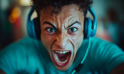 A young man expresses intense emotion while gaming, wearing a headset. His focused face and dramatic posture highlight the excitement and competitiveness of his activity.