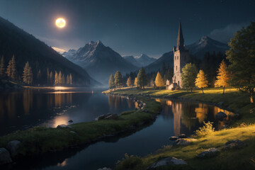 A night time photo of a lake with rocks and a mountain in the background