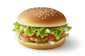 A Perfectly Assembled Burger Boasting Fresh Vegetables and Tantalizing Flavors, Ready to Satisfy Any Craving for a Hearty Meal.