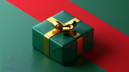 3D Green Christmas Gift Box with Golden Ribbon