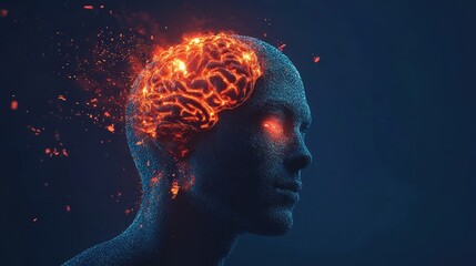 Human Head with Transparent Skin Showing Brain Pain Area, Medical Concept Illustration with Glowing Light Effects