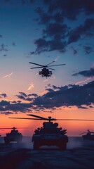 Military vehicles, tanks, and helicopters are depicted in a sunset setting, with 4 tanks and 5 helicopters in the image. The warm hues create a dramatic military scene.