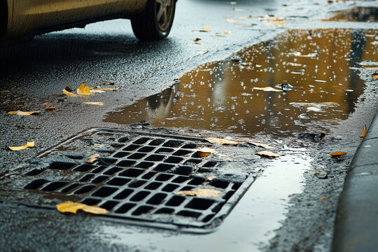 Flooding of urban roads due to blocked drains during rain