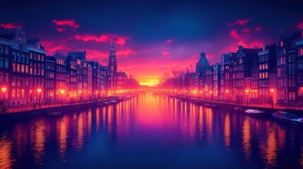 A vibrant sunset illuminates the canals of a European city, casting a warm glow on the buildings and reflecting in the water.
