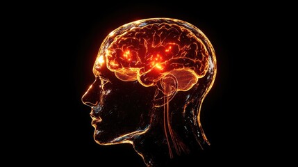 Obraz premium Human Head with Transparent Skin Showing Brain Pain Area, Medical Concept Illustration with Glowing Light Effects