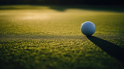 A side angle shot of a golf ball resting near the hole, with sunlight casting soft shadows on the green surface,