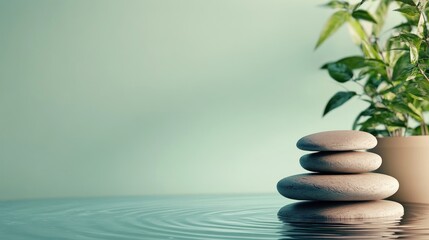 Tranquil scene with stacked stones and a potted plant.