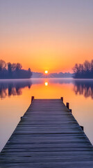 Golden Sunset Over Tranquil Lake with Silhouetted Trees and Wooden Pier Reflection