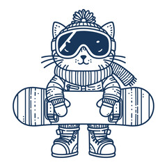 cat wearing winter outfit and goggles and holding a snowboard, winter sports illustration