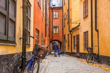 Narrow street of Gamla stan old town of Stockholm, Sweden