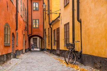 Narrow street in Gamla stan old town of Stockholm, Sweden