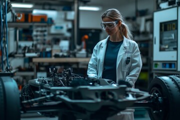 Fototapeta premium Exploring automotive engineering in a modern workshop. A female engineer inspects vehicle components. Innovation meets expertise in design and technology. Generative AI