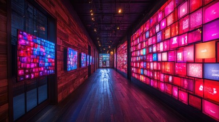 A vibrant multimedia wall showcasing various TV channels in a modern display area
