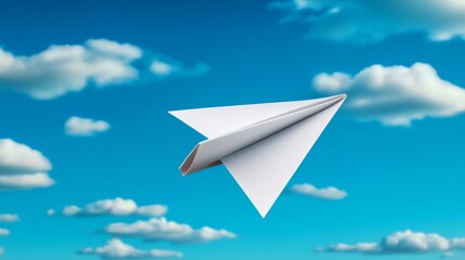 Paper airplane is flying through the sky above a cloudy blue sky. Concept of freedom and adventure, as the paper airplane soars through the air with ease. clouds in the background add a sense of depth